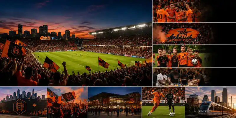 Houston Dynamo FC fans cheering inside Shell Energy Stadium during a professional soccer match with players on the field, orange team colors throughout the crowd, supporter flags, youth soccer culture, and the Houston skyline at sunset in the background.